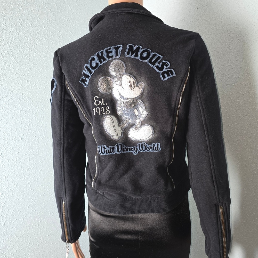Disney Parks Mickey Mouse Sequin Moto‎ Biker Jacket Medium Est. 1928 Black